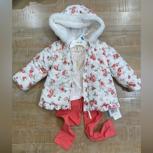 Little Me 3 piece leggings polka dot shirt roses floral puffer hooded jacket set